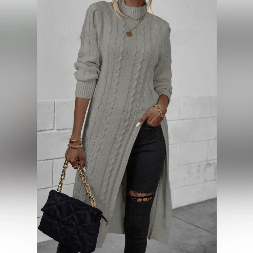 Luxe gray high neck cable knit slit thigh sweater top